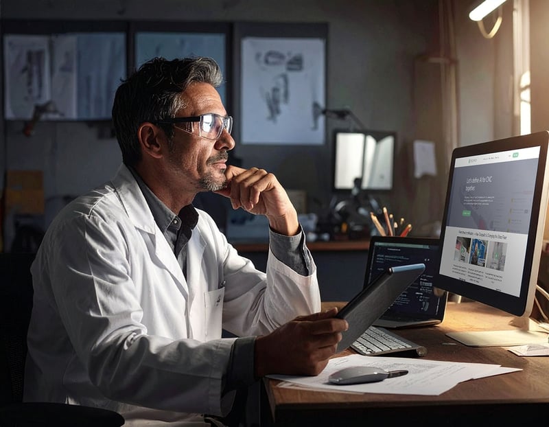 A middled aged, male, cnc tech shop teacher, sitting at a desk, thinking