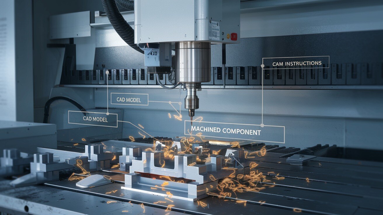 A photo-realistic image of a CNC machine mid-oper...