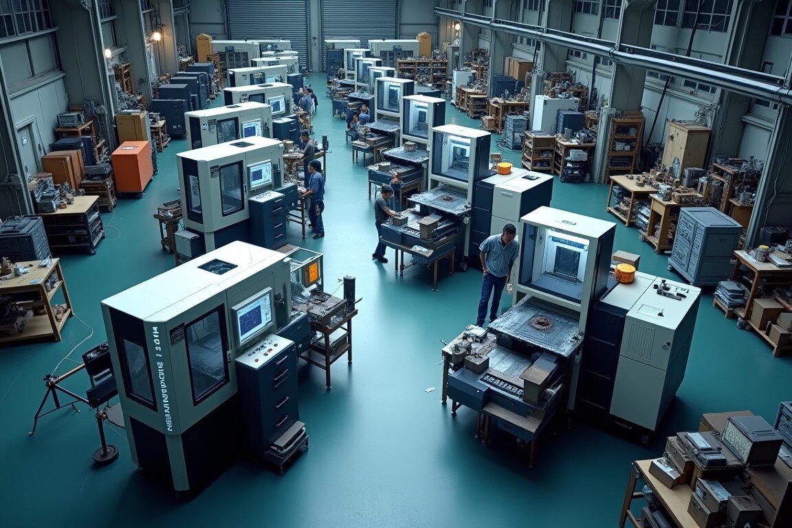 An aerial view of a modern CNC shop floor featuring multiple machines in operation.
