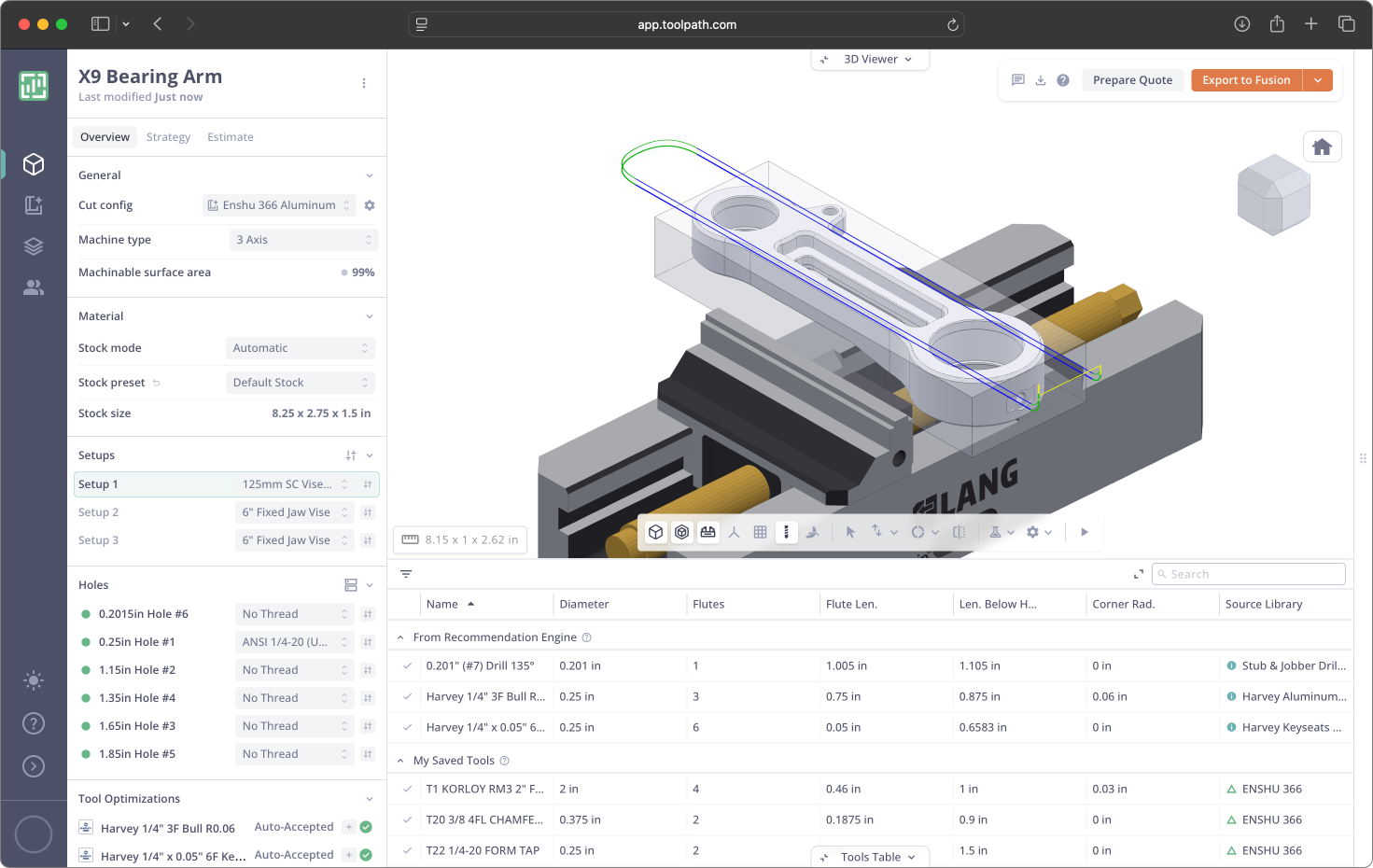Toolpath workspace analyzing an X9 Bearing Arm part